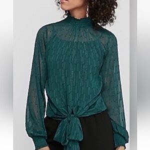 Express high neck sheer metallic green long sleeve knot front blouse green Med